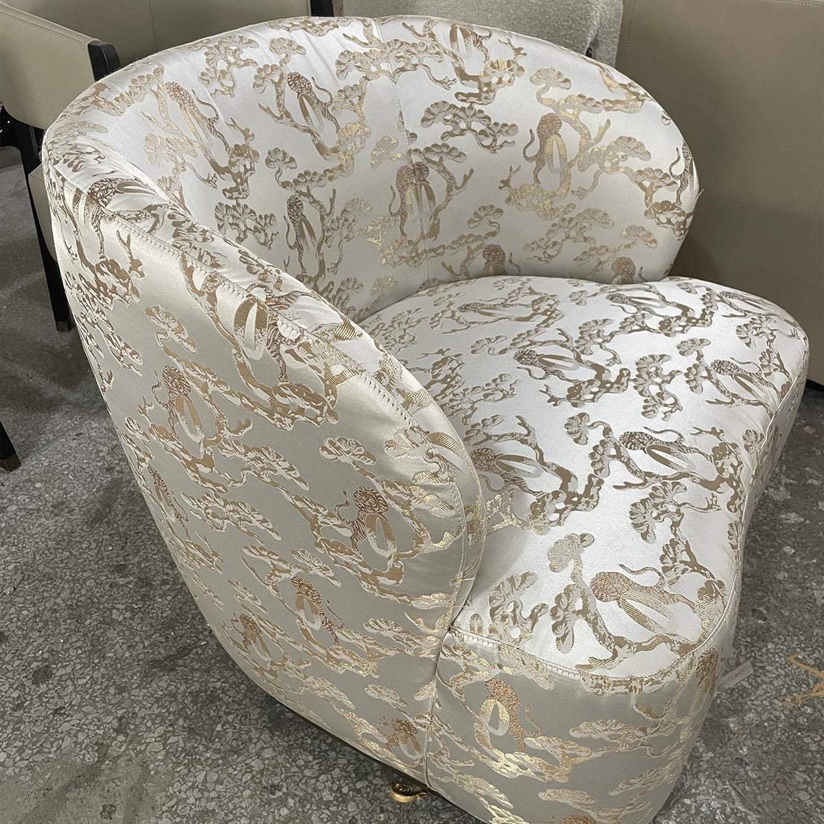Elegant Single Armchair with Golden Floral Patterned Upholstery