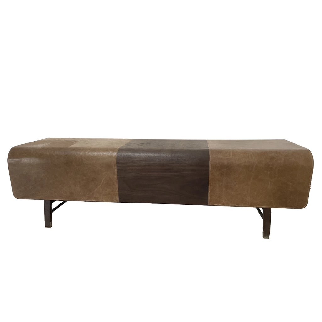 Modern Brown Leather Bench with Slanted Legs and Contrast Stitching