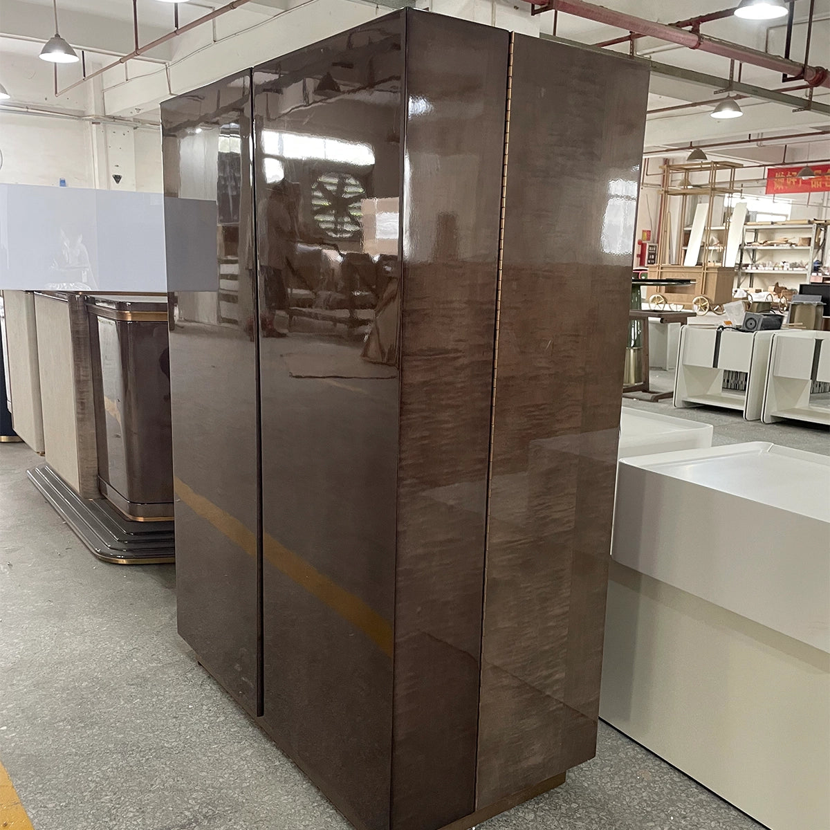 Elegant Dark Wood Wardrobe with Marble Top and Copper Handles