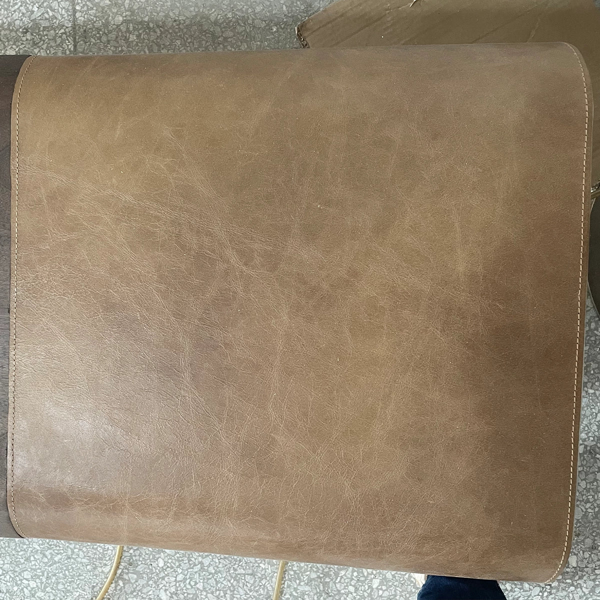 Modern Brown Leather Bench with Slanted Legs and Contrast Stitching