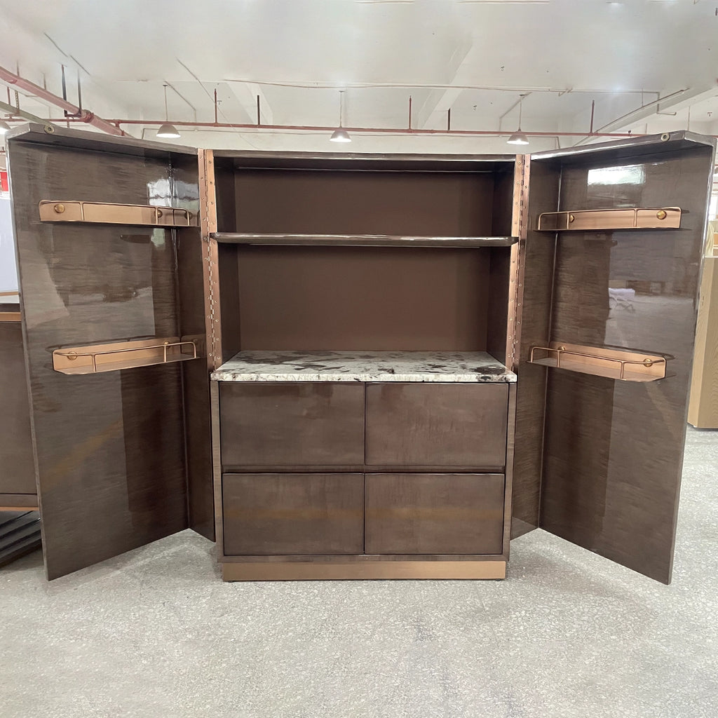 Elegant Dark Wood Wardrobe with Marble Top and Copper Handles