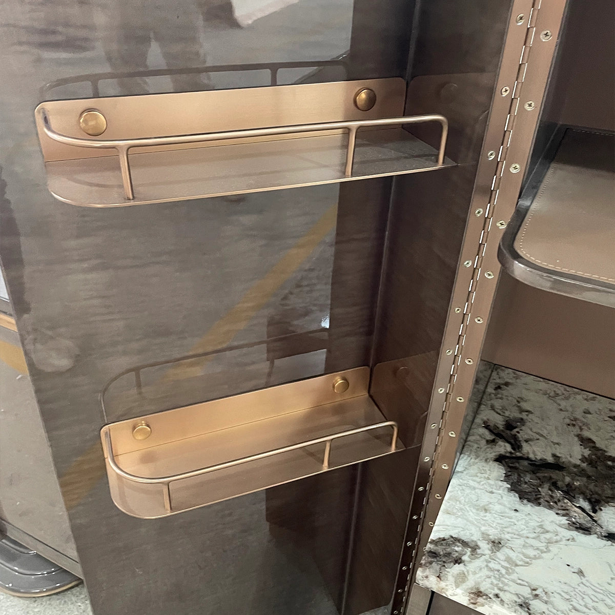 Elegant Dark Wood Wardrobe with Marble Top and Copper Handles