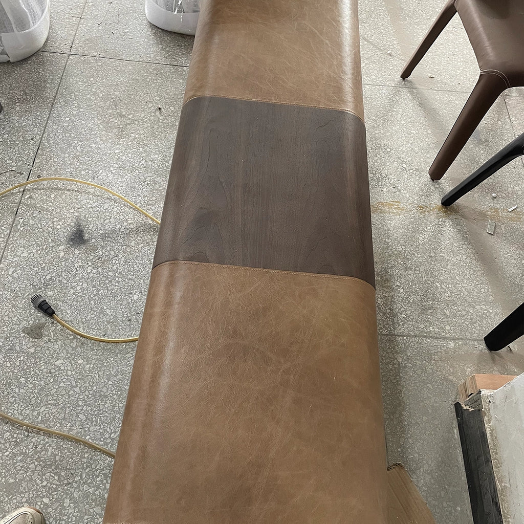 Modern Brown Leather Bench with Slanted Legs and Contrast Stitching