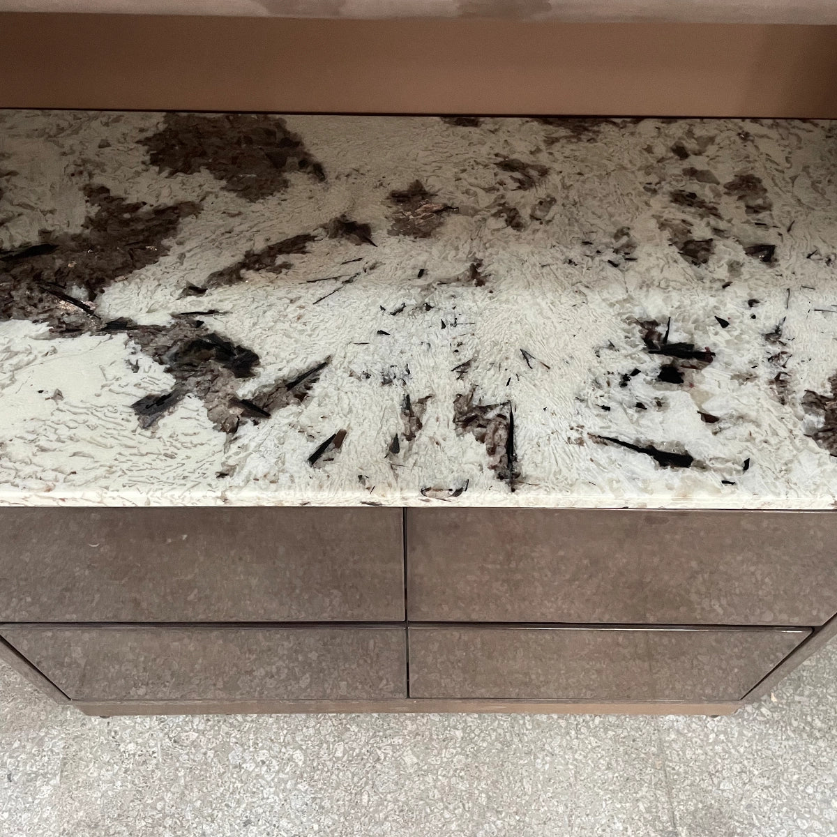 Elegant Dark Wood Wardrobe with Marble Top and Copper Handles