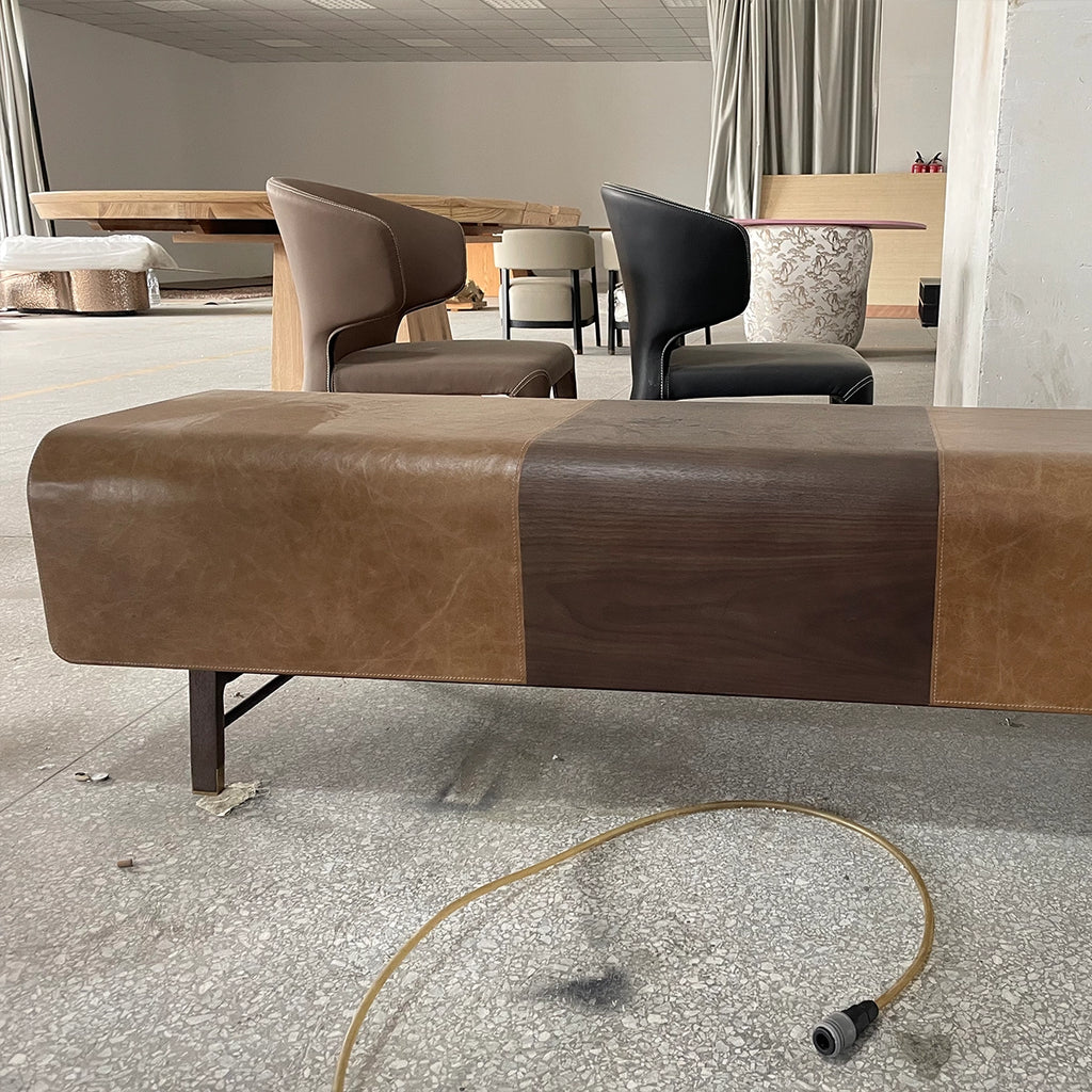 Modern Brown Leather Bench with Slanted Legs and Contrast Stitching