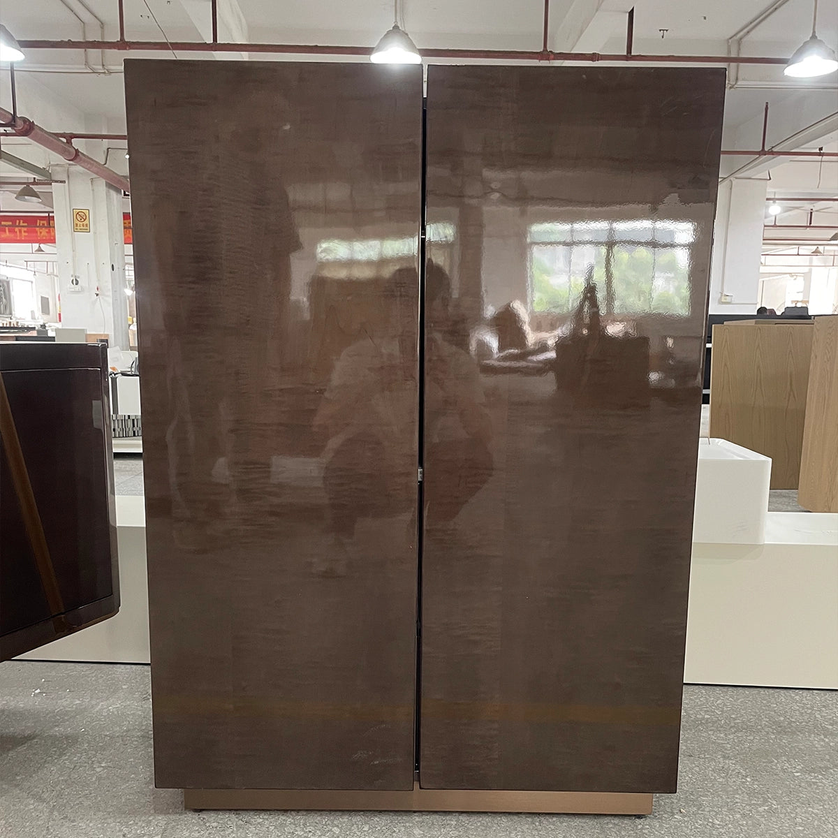 Elegant Dark Wood Wardrobe with Marble Top and Copper Handles